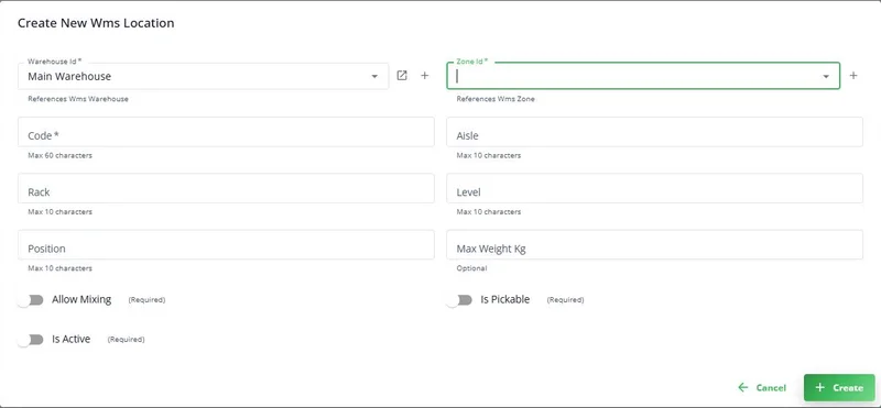 A form for a new warehouse location, with the warehouse, zone, code, aisle, rack, level and position.