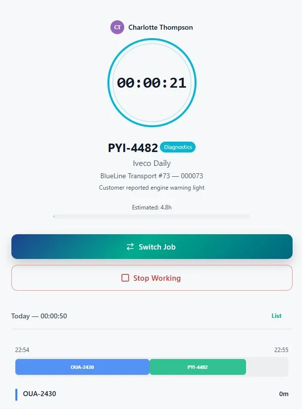 The time booking screen: a running timer on job PYI-4482, buttons to switch job or stop working, and today's timeline.